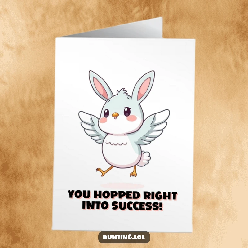 Funny Free Printable Congrats Card: Energetic bunting character hops with excitement, wings spread, celebrating a win.