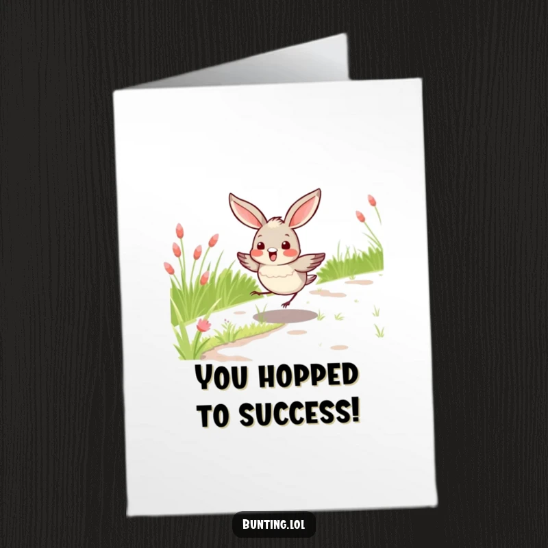 Funny free printable congratulations card with a cute bunting bird hopping happily on a grassy path, perfect for downloadable art.