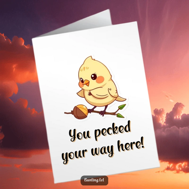 Funny Free Printable Congratulations Card with a bunting character playfully pecking at a seed. A cute downloadable token of congrats.