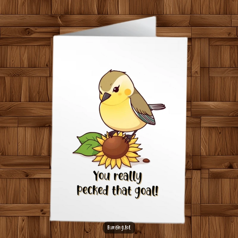 Funny Free Printable Congratulations Card showing a bunting bird pecking with gusto at a fallen sunflower seed, celebrating.