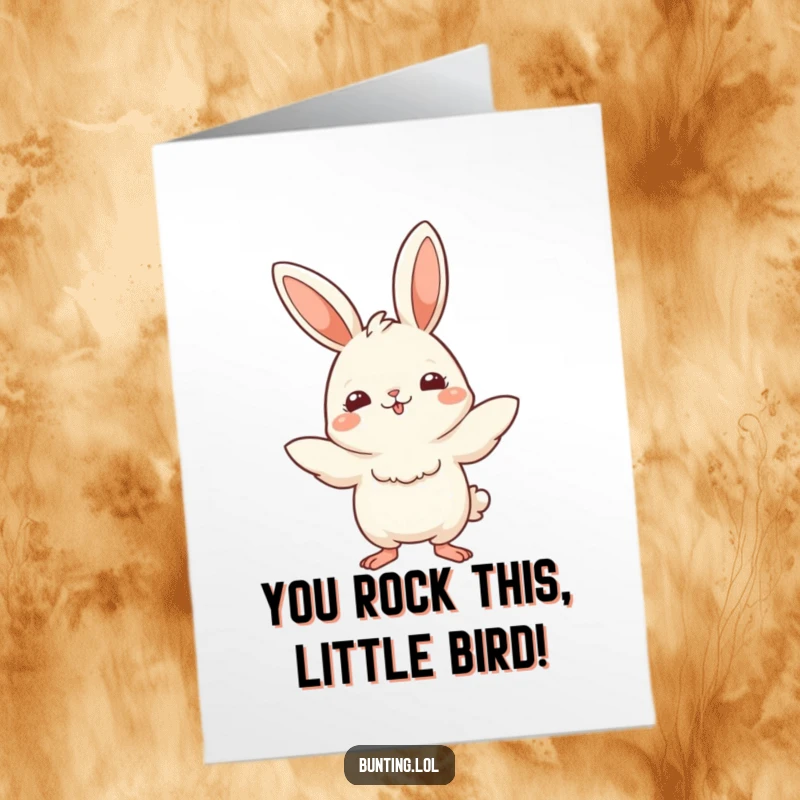 Funny Free Printable Congratulations Card: Bunting character doing a playful bobbing motion, celebrating success, a dynamic downloadable greeting.