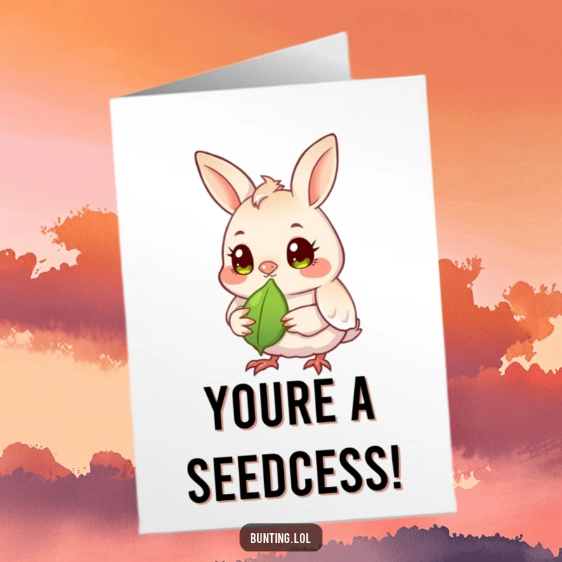 Funny Free Printable Congratulations Card: A bunting bird with bright eyes keenly observes a seed, symbolizing focus and success. Downloadable art.