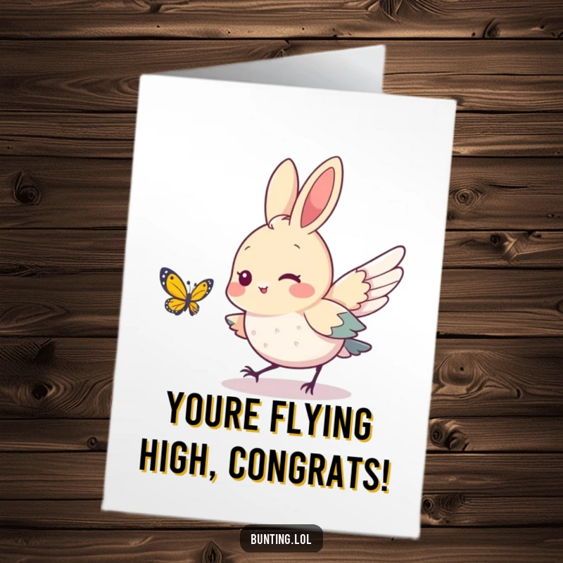 Funny Free Printable Congratulations Card: A cute bunting bird joyfully chasing a small butterfly in celebration.