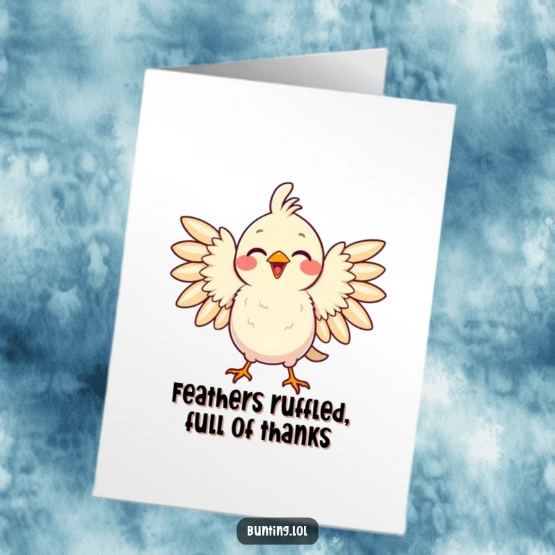 Funny Free Printable Thank You Card: Delighted bird puffing feathers with pride, showing gratitude, a thoughtful downloadable gift.