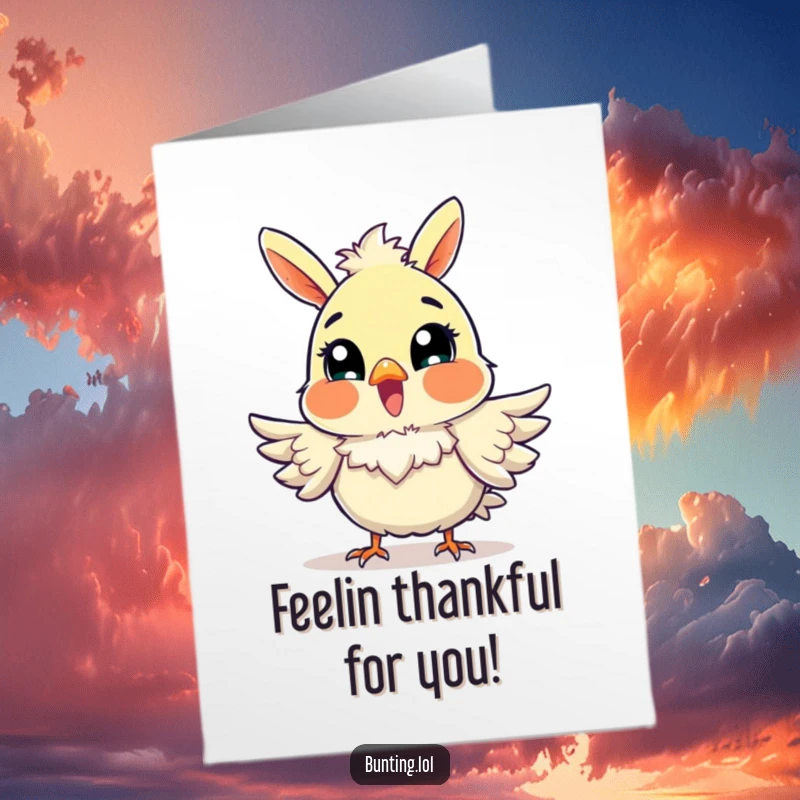 Funny Free Printable Thank You Card showing a bunting bird looking excited and fluffing its feathers, a delightful gesture.