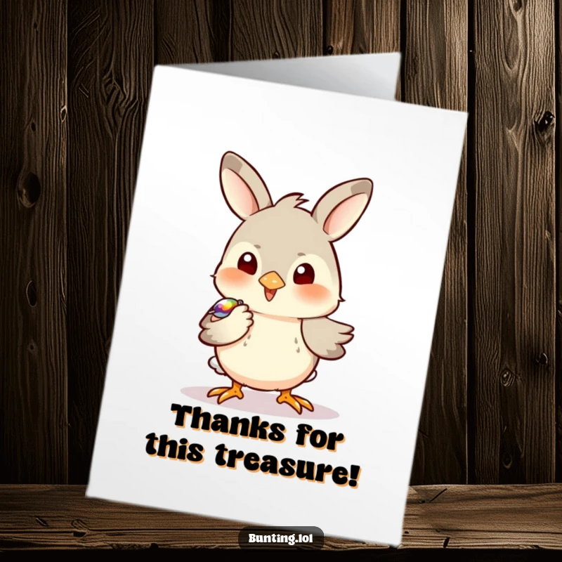 Funny Free Printable Thank You Card featuring a bunting bird playfully pecking at a shiny object, a cute and thoughtful gesture.