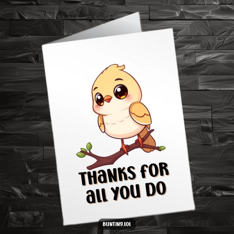Funny Free Printable Thank You Card: Cheerful bird with big eyes on a twig, looking around, expressing thanks, a lovely downloadable gift.