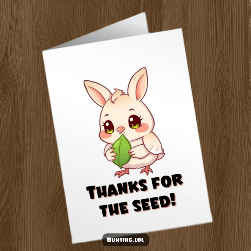 Funny Free Printable Thank You Card: A bunting bird with bright eyes observes a seed, appreciating life's simple joys. Downloadable art.