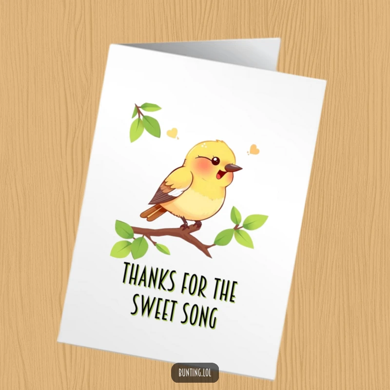 Funny free printable thank you card depicting a singing bunting bird on a branch, excellent for a personalized DIY gift.