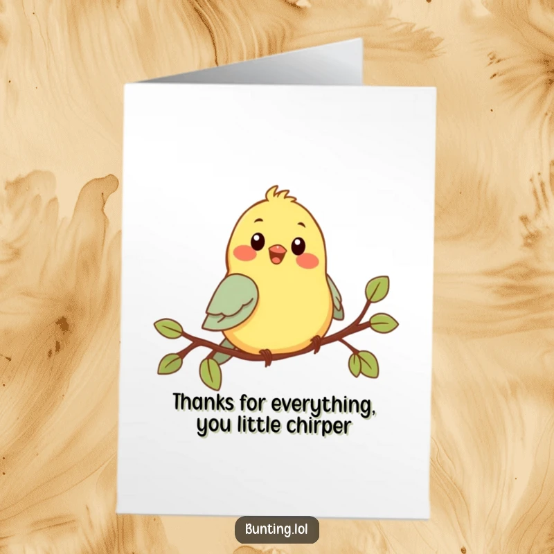 Funny Free Printable Thank You Card with a cute bunting character chirping on a branch, expressing heartfelt thanks.