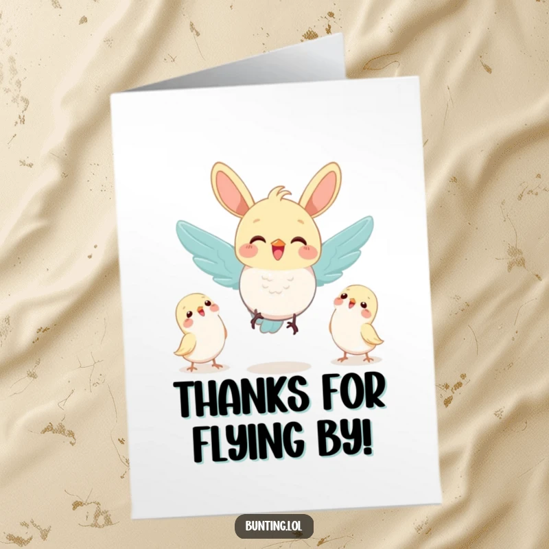 Funny Free Printable Thank You Card: Bunting character joyfully flutters towards a welcoming gathering of friends.