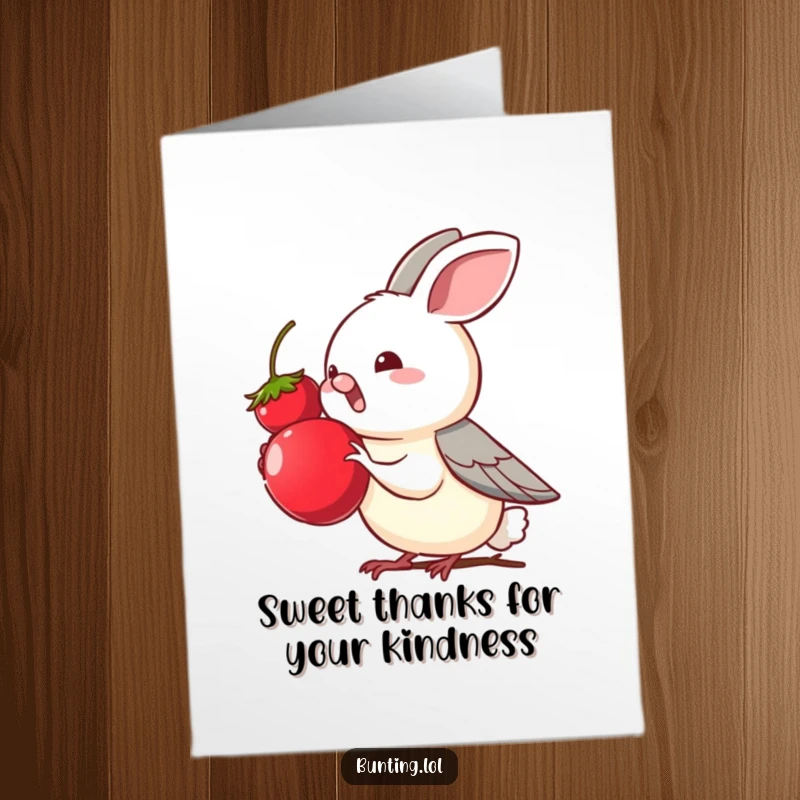 Funny Free Printable Thank You Card: A cute bunting bird eagerly reaching for a ripe berry, showing thanks.