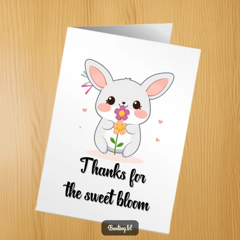 Funny Free Printable Thank You Card: Smiling bunting offers a colorful flower. Kind, downloadable thanks.