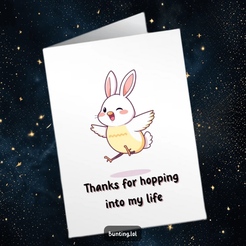 Funny Free Printable Thank You Card: Bunting performs energetic hops to express thanks. A cute, downloadable, appreciative message.