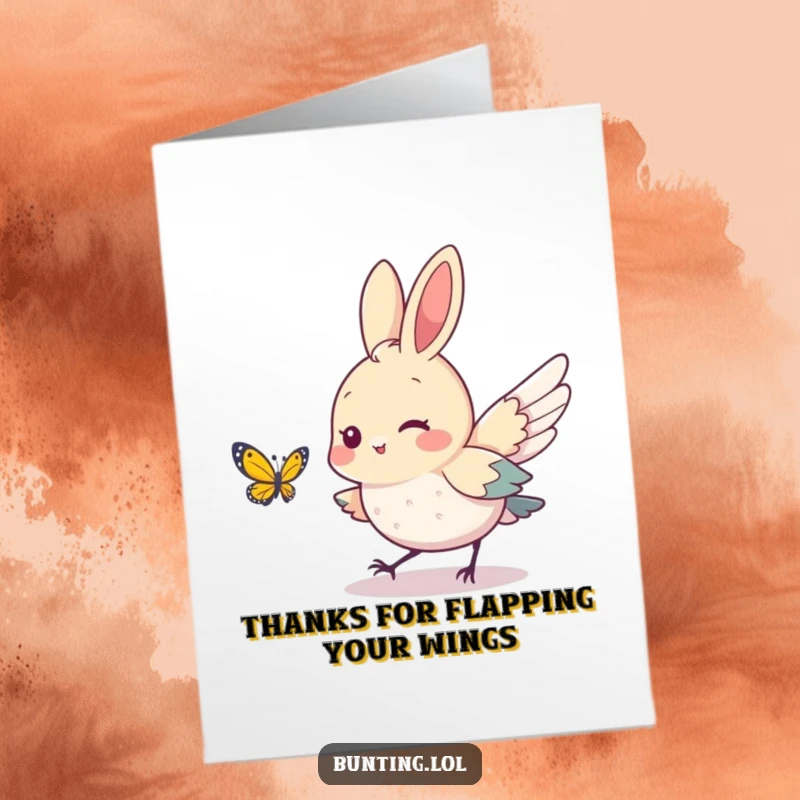 Funny Free Printable Thank You Card: A cute bunting bird playfully chasing a butterfly, expressing thanks with a smile.