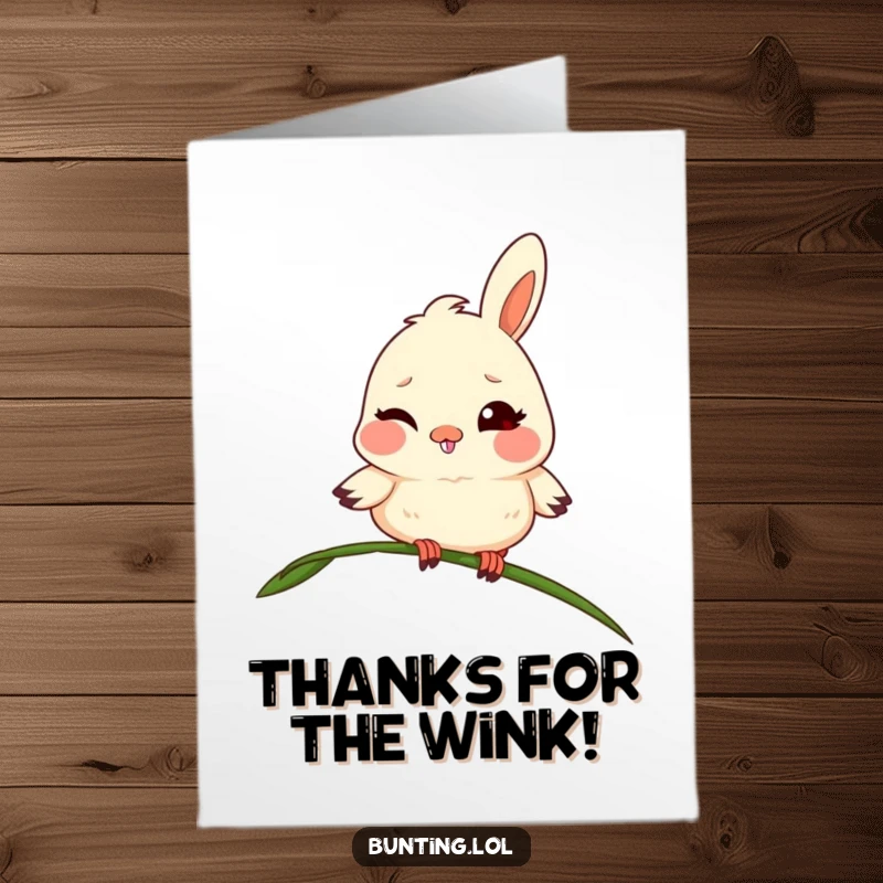 Funny Free Printable Thank You Card: Mischievous bunting winks from grass, a unique way to say thank you.