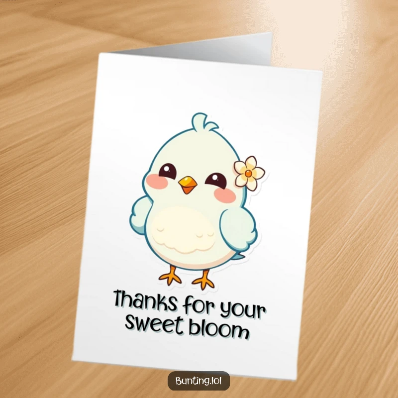 Funny Free Printable Thank You Card: A cheerful bird character with a tiny flower behind its ear, conveying sweet and sincere thanks.
