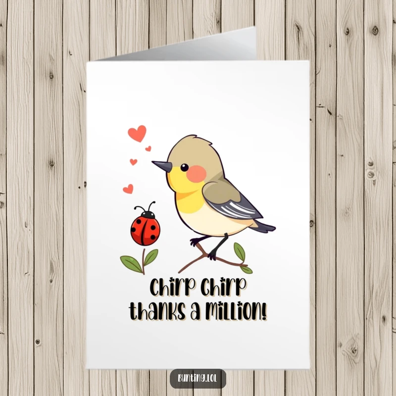 Funny Free Printable Thank You Card of a bunting bird chirping with excitement at a ladybug, expressing thanks.