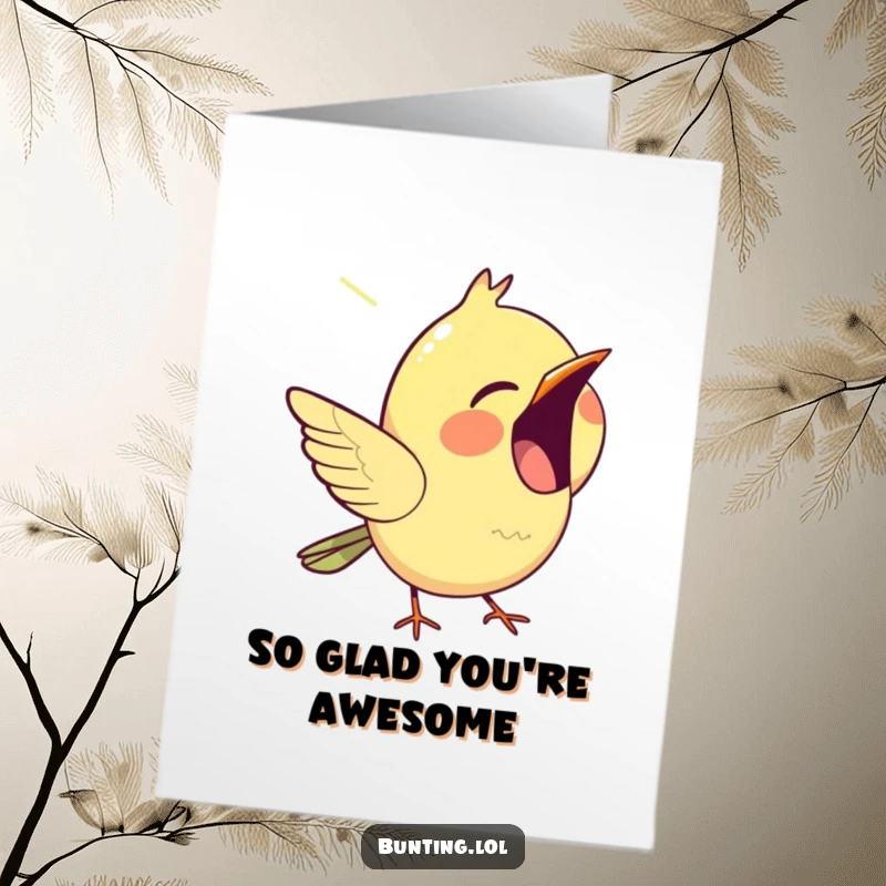 Funny Free Printable Thank You Card: A bunting is captured mid-chirp, beak open, happily expressing thanks.