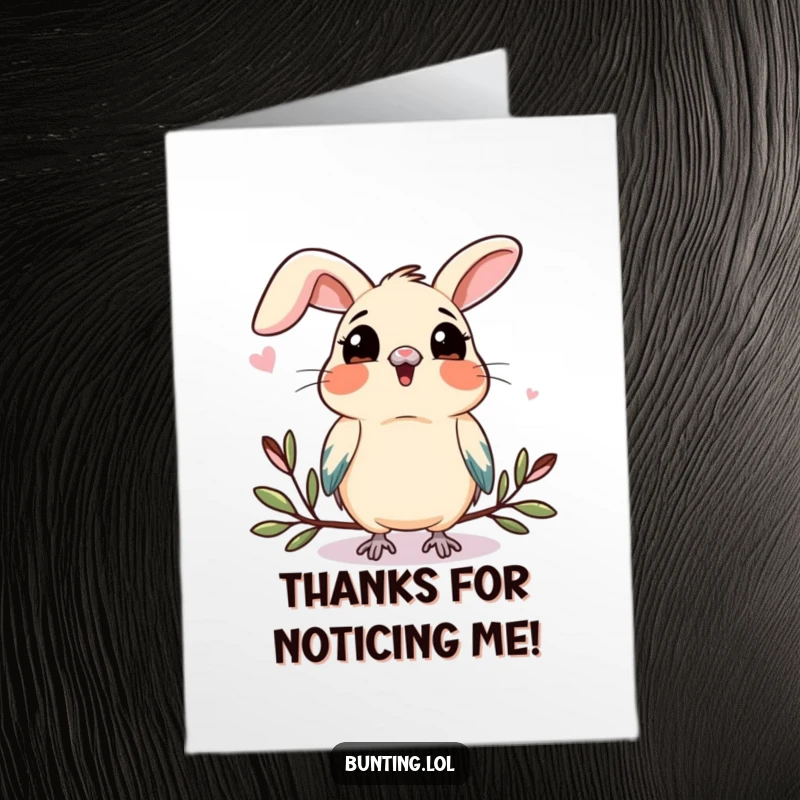 Funny Free Printable Thank You Card featuring a bunting with its head tilted, observing something new with a curious expression.