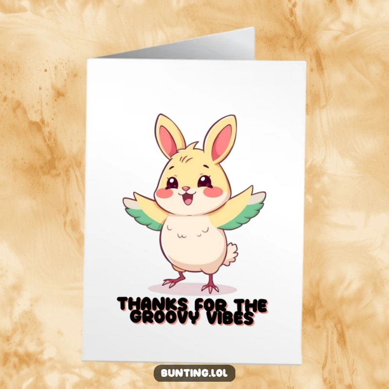 Funny Free Printable Thank You Card with a playful bunting character doing a happy dance. A cute downloadable thank you.