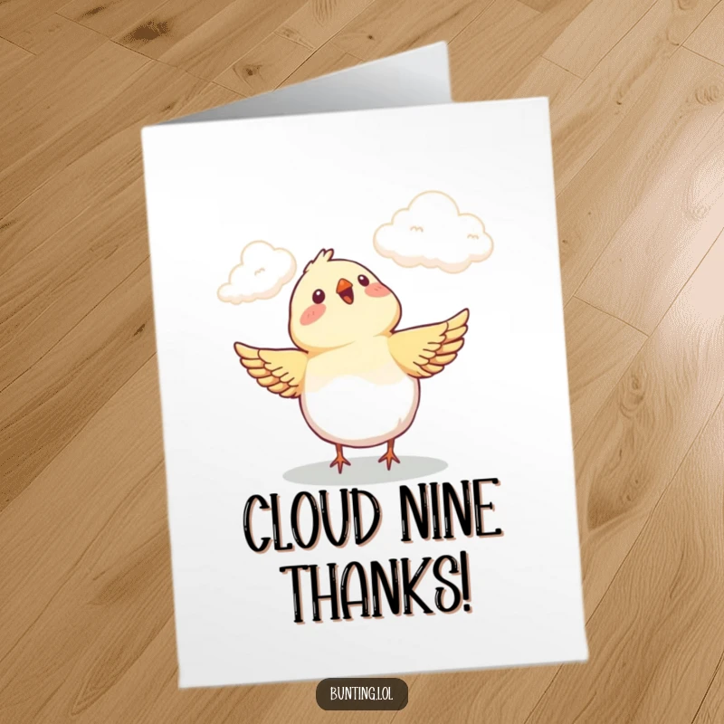 Free Printable Thank You Card: A bunting bird joyfully looking up at clouds, an expression of pure wonder and thanks.