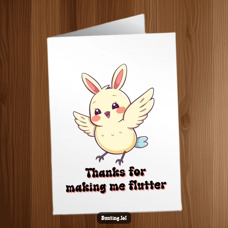 Funny Free Printable Thank You Card with a cute bunting character doing a joyful wing flutter. A cheerful downloadable thank you.