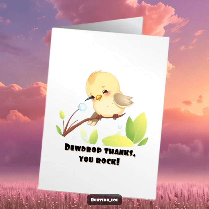 Funny Free Printable Thank You Card: A delightful bunting bird focusing on a dewdrop, a sweet and amusing way to say thanks.