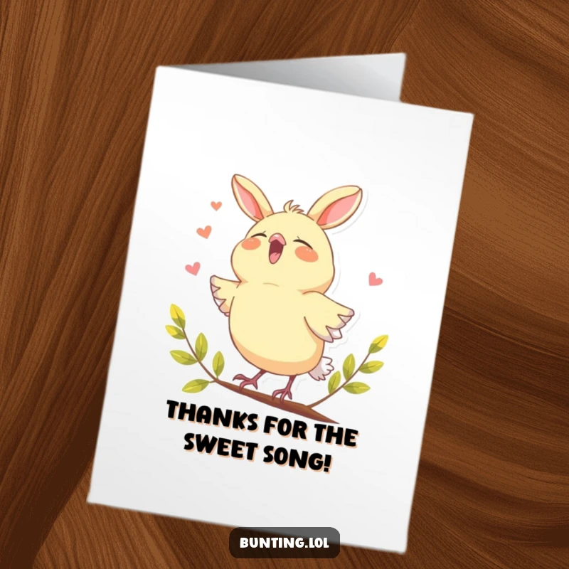 Funny Free Printable Bunting Thank You Card: A cute bird with its beak open, joyfully singing a thank you song.