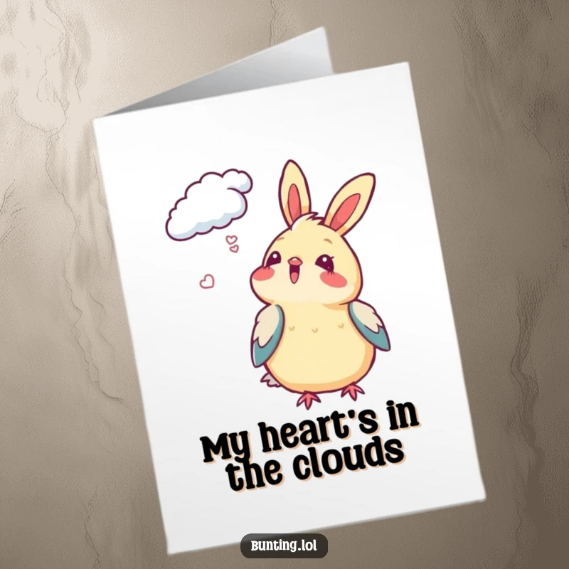 Funny Free Printable Thank You Card: Bunting looks up at clouds with delight. Gentle, downloadable thanks.