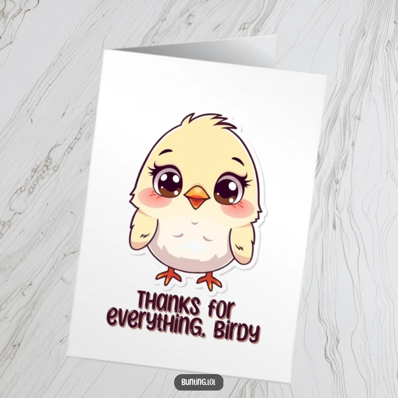 Funny Free Printable Thank You Card with a cute bunting character looking around curiously. A sweet downloadable gift of thanks.