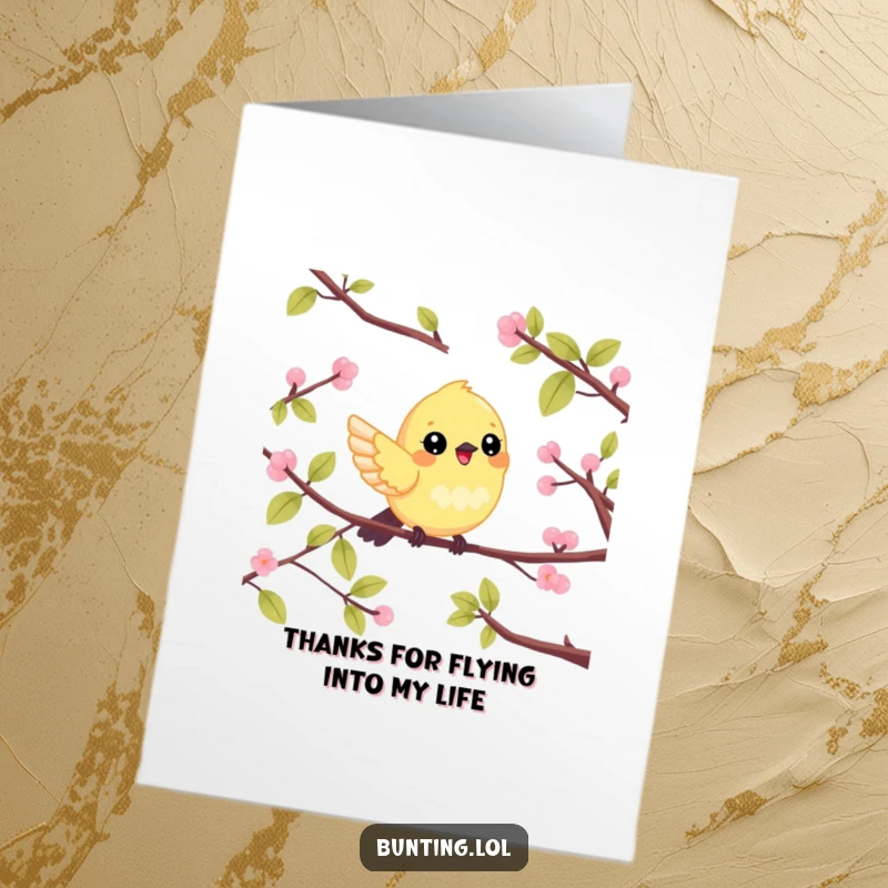 Funny Free Printable Thank You Card: Cute bunting character flitting between branches, expressing gratitude, a charming and downloadable message.