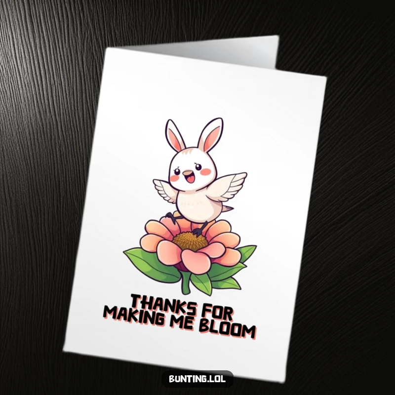 Funny Free Printable Thank You Card: Bunting character joyfully hopping on a flower, conveying sincere thanks.