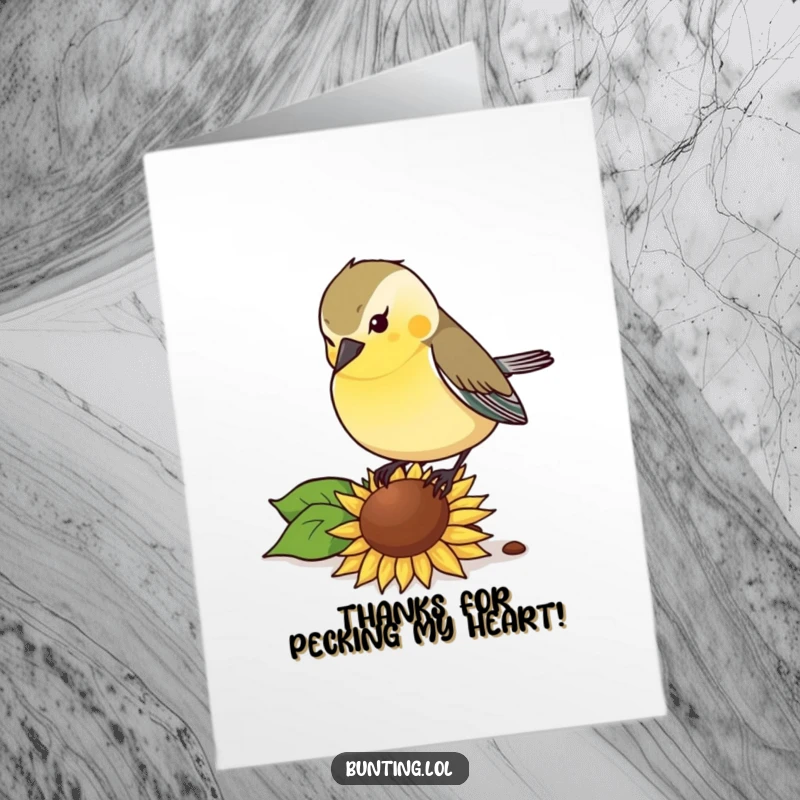 Funny Free Printable Thank You Card of a bunting bird pecking with gusto at a fallen sunflower seed, giving thanks.