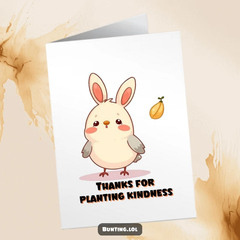 Funny Free Printable Thank You Card: A bunting reacts with amusing surprise to a floating seed, sending thanks.