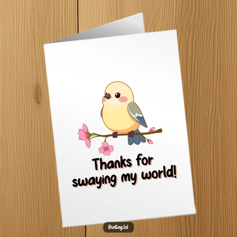 Funny Free Printable Thank You Card showing a bunting bird delicately perched on a flower stem, swaying gently.