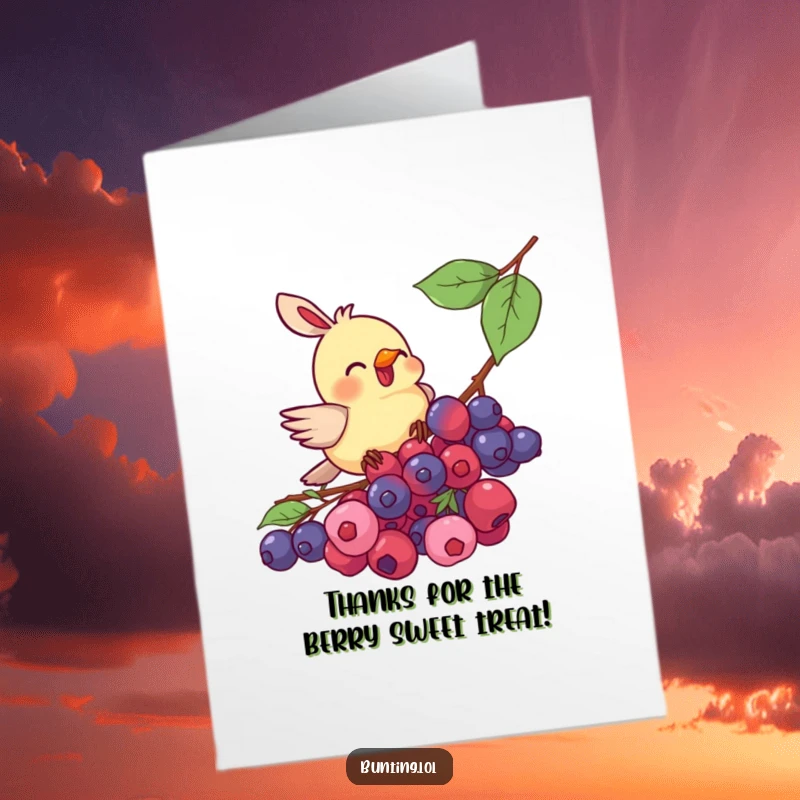 Funny Free Printable Bunting Thank You Card: Cute bird enthusiastically pecking at a pile of delicious berries.