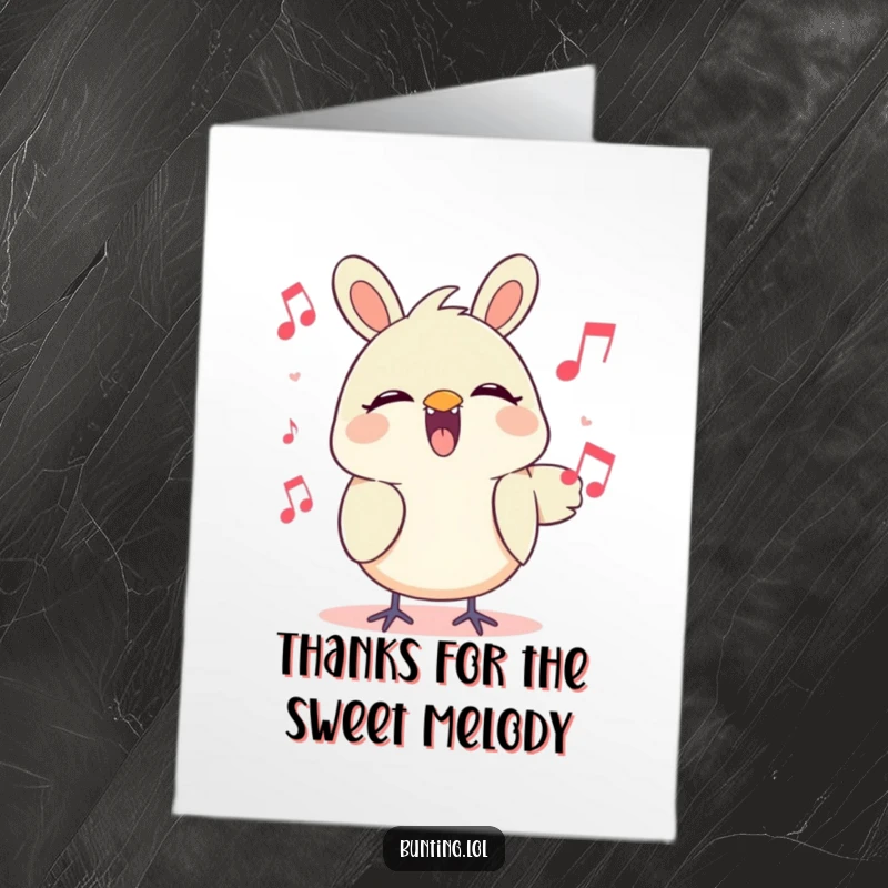 Funny Free Printable Thank You Card: Bunting character serenading with thanks, a melodious expression of gratitude.