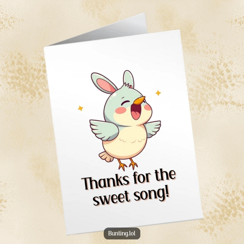 Funny Free Printable Thank You Card with a cute bunting character singing with its beak open, conveying thanks musically.