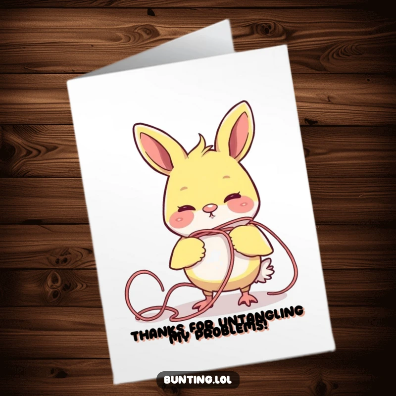 Funny Free Printable Thank You Card: Bunting character comically gets tangled in a stray piece of yarn.