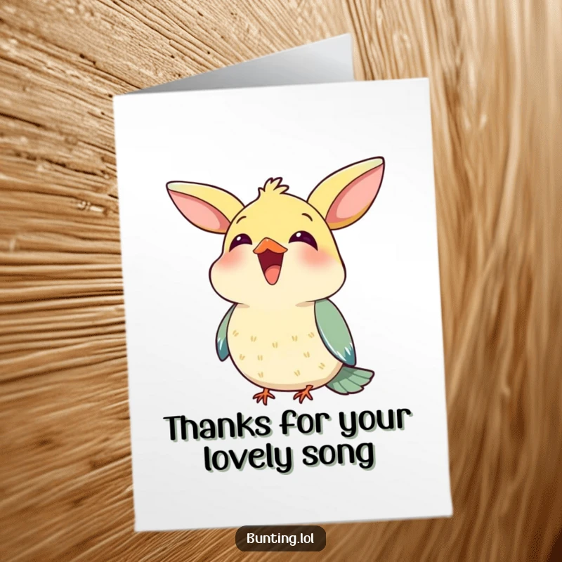 Funny Free Printable Thank You Card: Bunting character happily chirping with beak open, expressing thanks, a musical downloadable message.