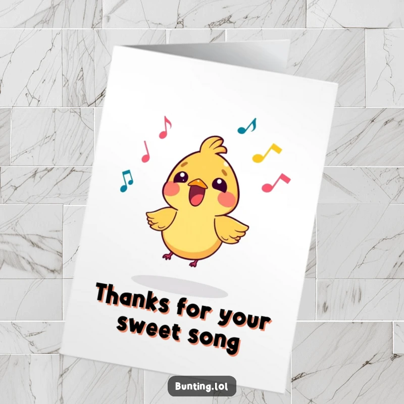 Funny Free Printable Thank You Card: A vibrant bird singing enthusiastically with musical notes, conveying sincere appreciation.