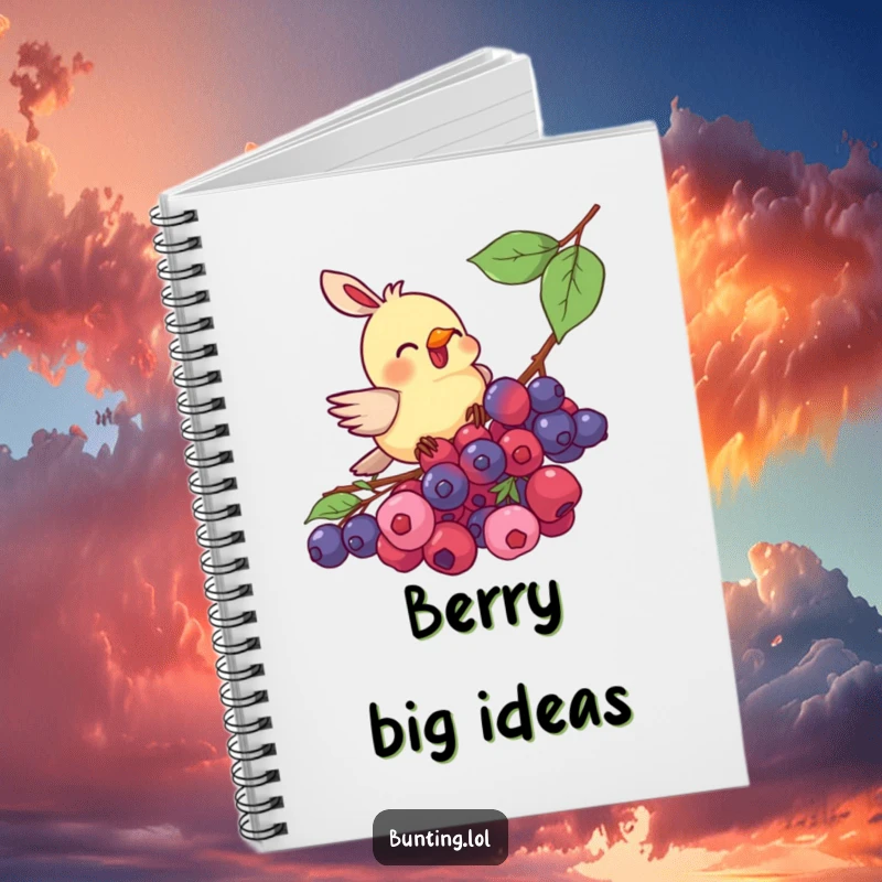 Funny bunting bird notebook, enthusiastically pecking at a cluster of berries, ideal for jotting down notes with a smile.