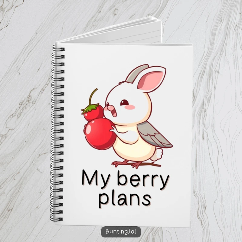 Funny bunting bird character eagerly reaching for a tempting berry, on a notebook cover, inspiring thoughts about food and desires.
