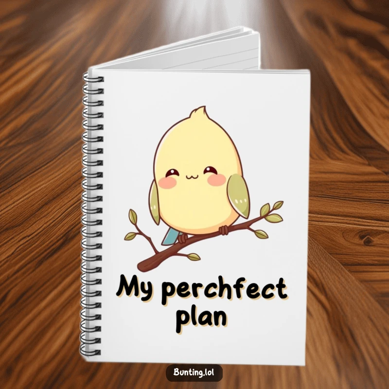 Funny bunting bird notebook cover featuring a character perched contentedly on a branch with a smile, inspiring peace.