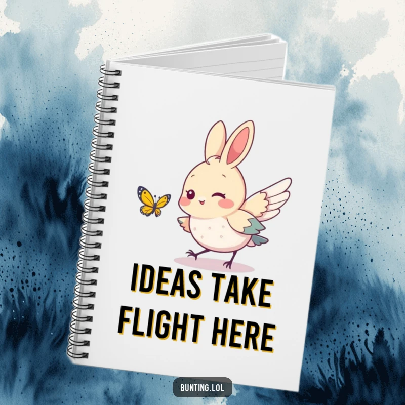 Funny bunting bird character playfully chasing a butterfly, on the cover of a notebook, inspiring creative thoughts and joyful notes.