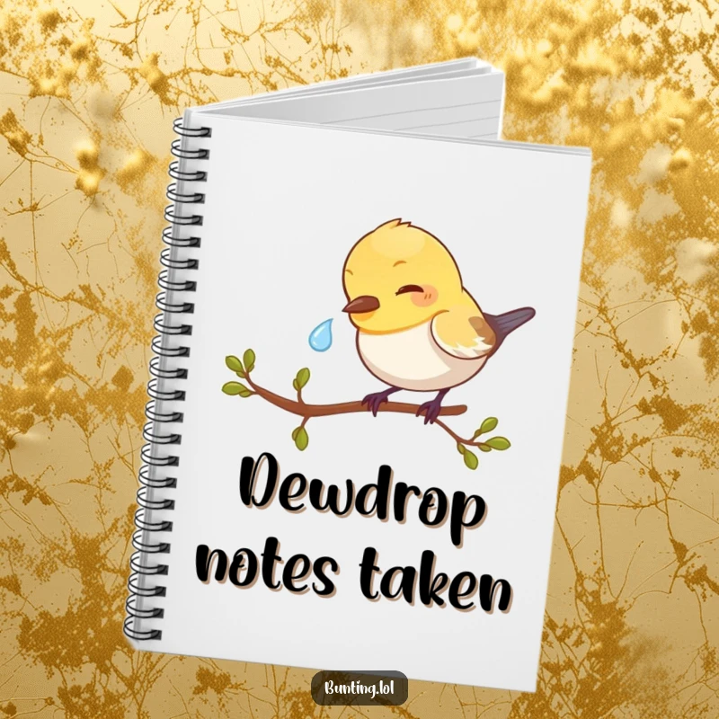 Funny Bunting Notebook with a bird focused on pecking a dewdrop, ideal for journaling and creative note-taking.