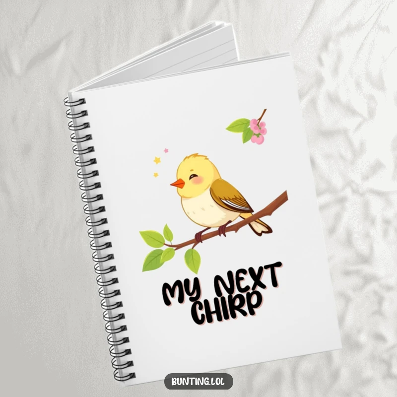 Funny bunting bird notebook adorned with a happy songbird chirping on a branch, ideal for jotting down notes with humor.