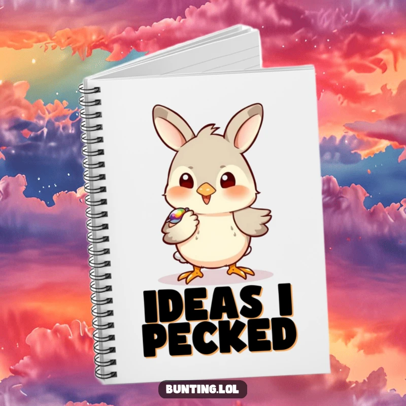 Funny Bunting Notebook featuring a bird playfully pecking at a shiny object, perfect for capturing curious thoughts and ideas.