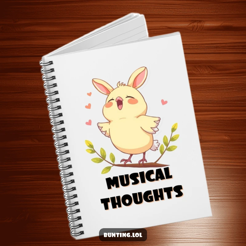 Funny bunting bird notebook, humorously depicted joyfully singing with its beak open, ideal for jotting down musical ideas.